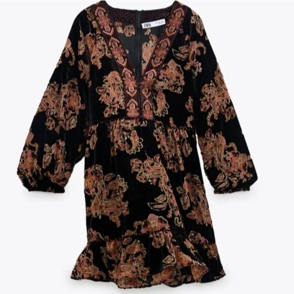 Zara Velvet Trim Floral V-Neck Ruffle Trim 3/4 Sleeve Dress Women's Size Small - Picture 3 of 15
